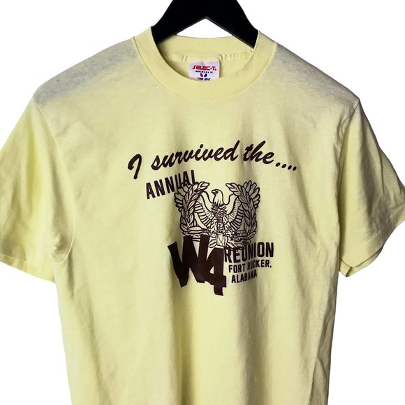 80s Vintage Fort Tucker Alabama Reunion T Shirt USA Single Stitch Yellow Large L - Picture 1 of 16